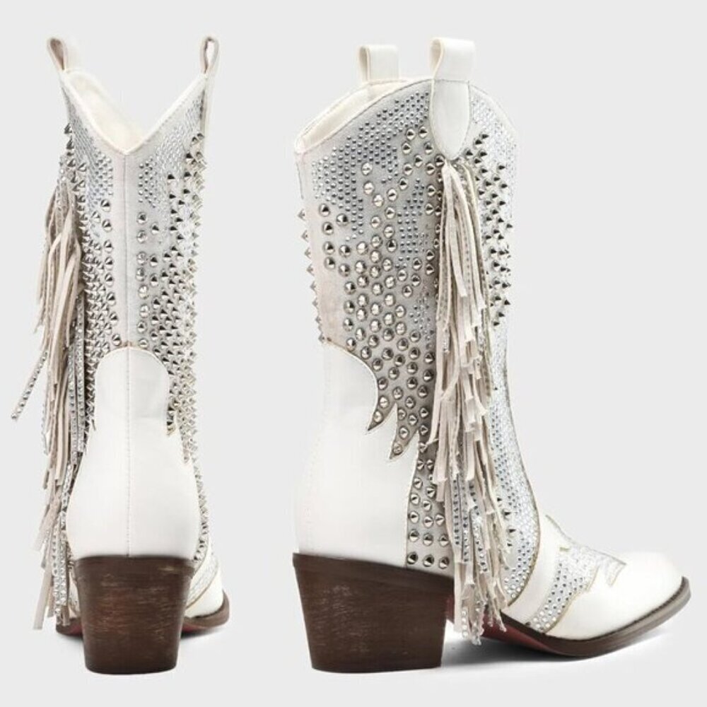 Women Rhinestone Western Boots - Pointed Toe Chunky Heel Ankle Cowgirl Booties - Picture 3 of 6